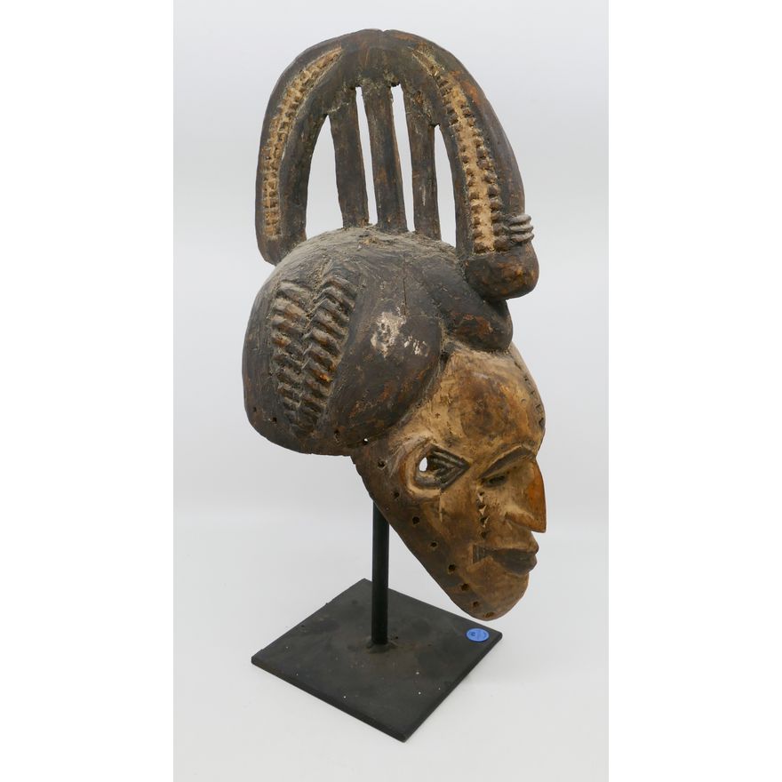 African Igbo Wood Helmet Mask on Steel Base- 20x8x12"