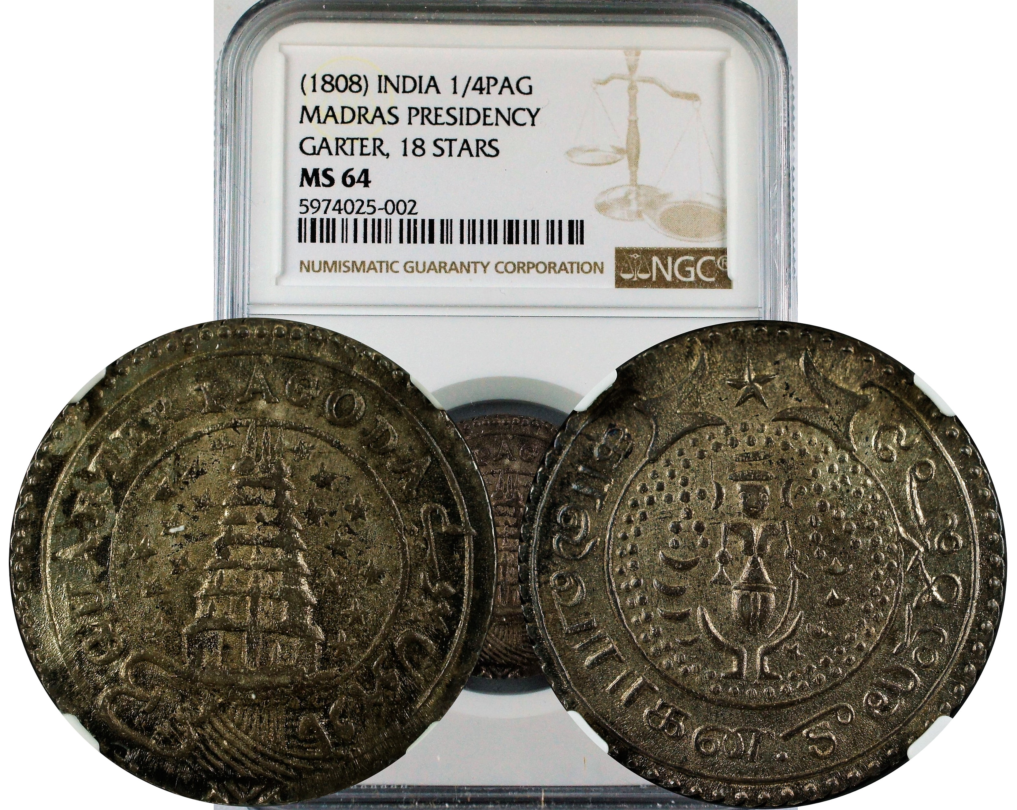 India 1808 Madras Presidency 1/4 Pagoda 18 Starts, Garter NGC MS64