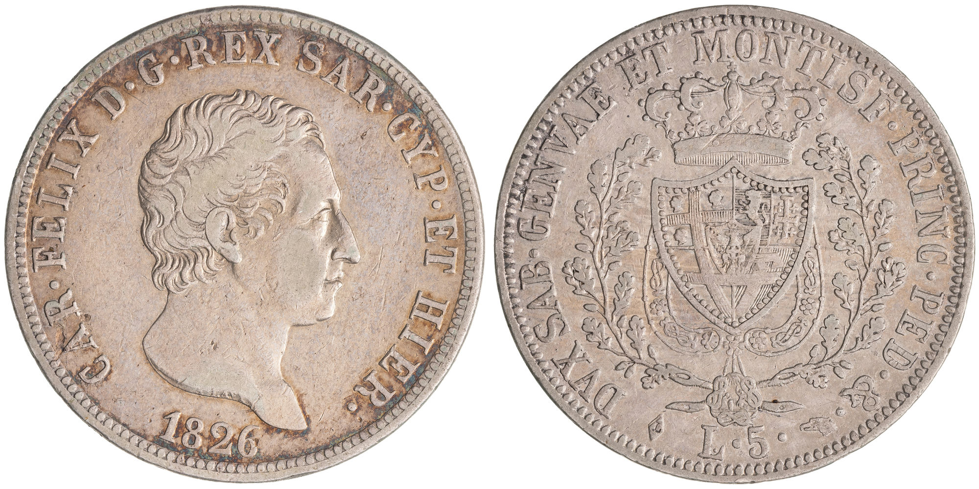 Italian States, Charles Felix, Kingdom of Piedmont-Sardinia, Five Lire, 1826-L, VF