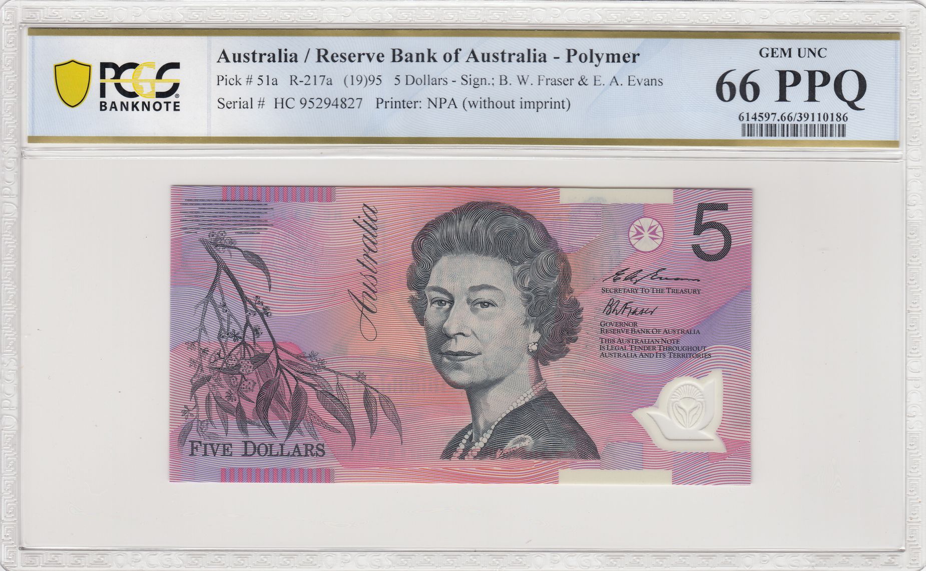 1995 Australia $5 Banknote Fraser/Evans Gem UNC 66 PPQ PCGS