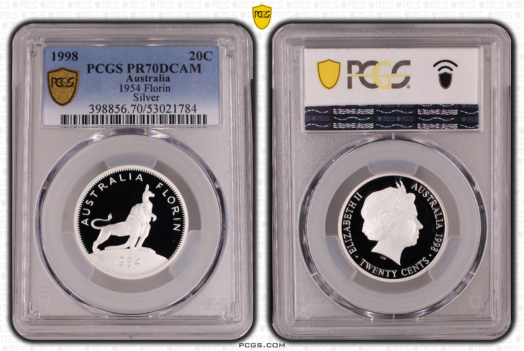 Elizabeth II, 1954 Florin Silver, 24/0, Twenty Cent, 1998, PCGS PR70DCAM