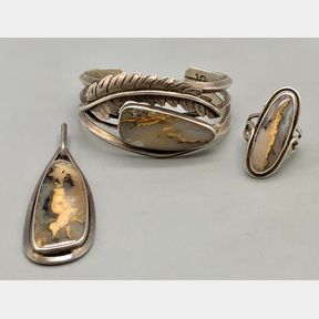 Sterling Silver And Picture Agate Bracelet, Ring, And Pendant Set