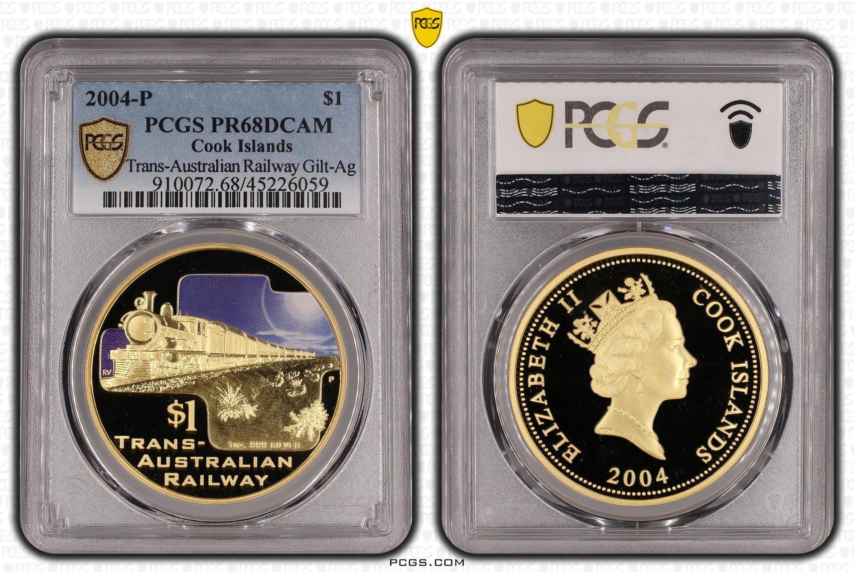2004-P Cook Islands One Dollar, $1 Gilt Silver Proof Trans-Australian Railway Gilt-Ag PCGS - PR68DCAM POP 1/0 -059