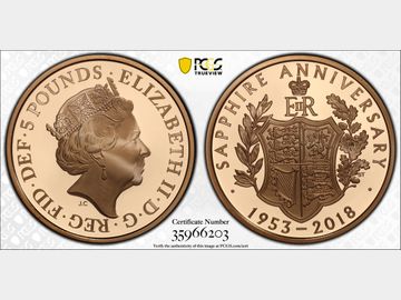 2018 'SAPPHIRE ANNIVERSARY' PROOF GOLD 5 POUND COIN PR70 DCAM TOP POP!