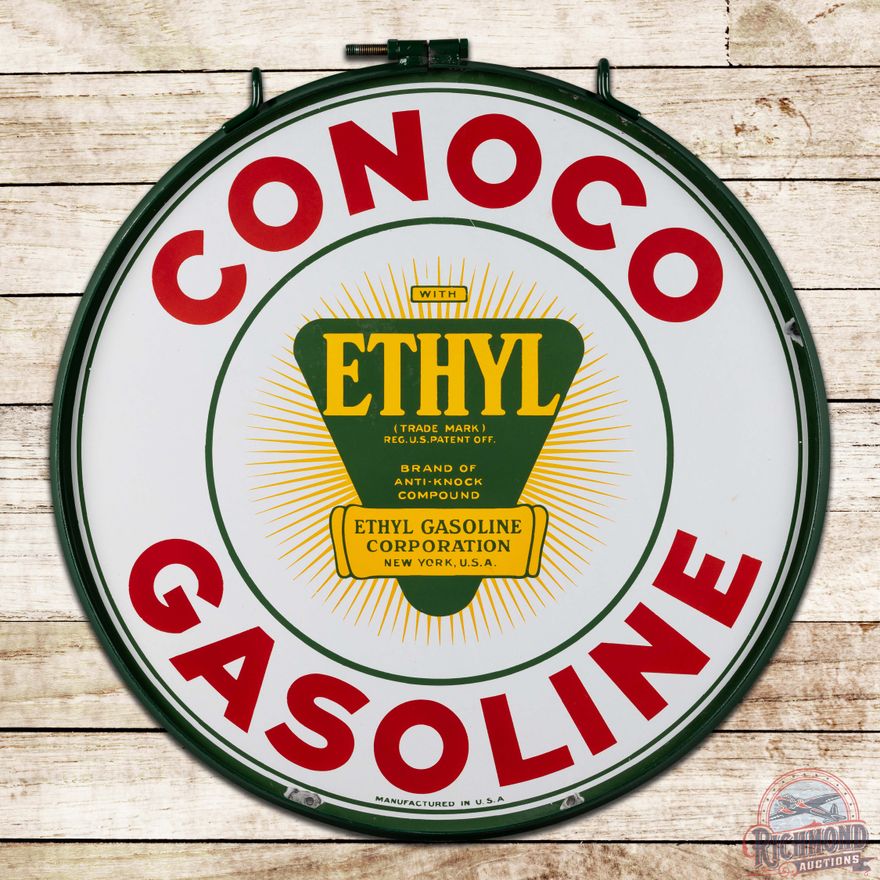 Excellent Conoco Ethyl Gasoline 30" Double Sided Porcelain Sign w/ Ring "Green Burst"