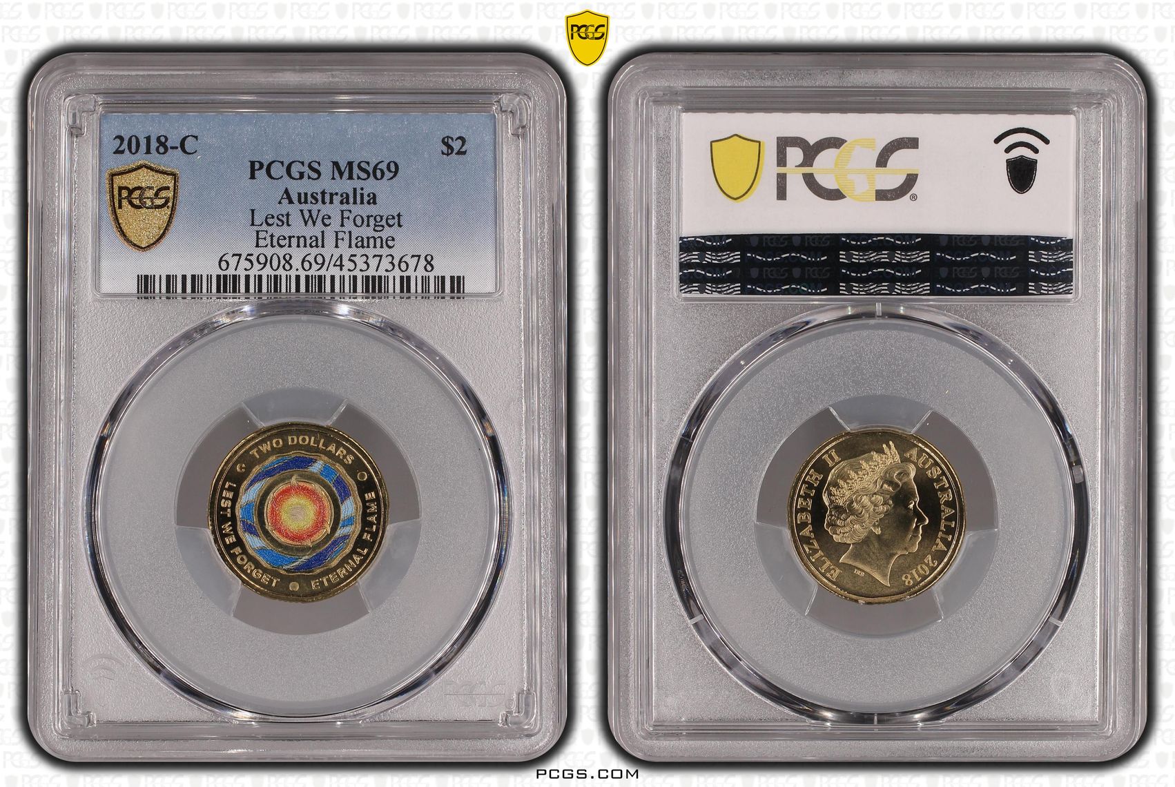 Elizabeth II, Lest We Forget - Eternal Flame Colorized, Two Dollar, 2018-C, PCGS MS69