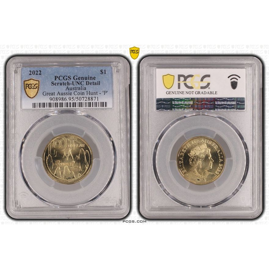 Great Aussie Coin Hunt - 'P', One Dollar, 2022, PCGS Genuine  - UNC Details (95 - Scratch)