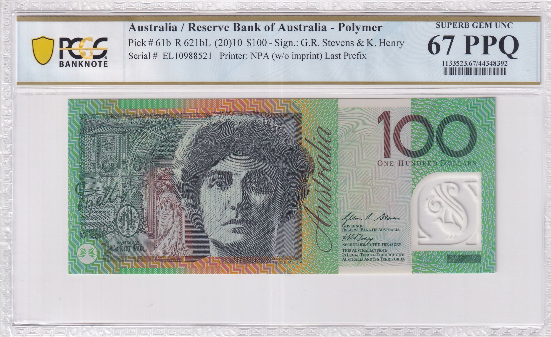 Stevens/Henry, Last Prefix, Hundred Dollar, 2010, PCGS Superb Gem UNC 67 PPQ