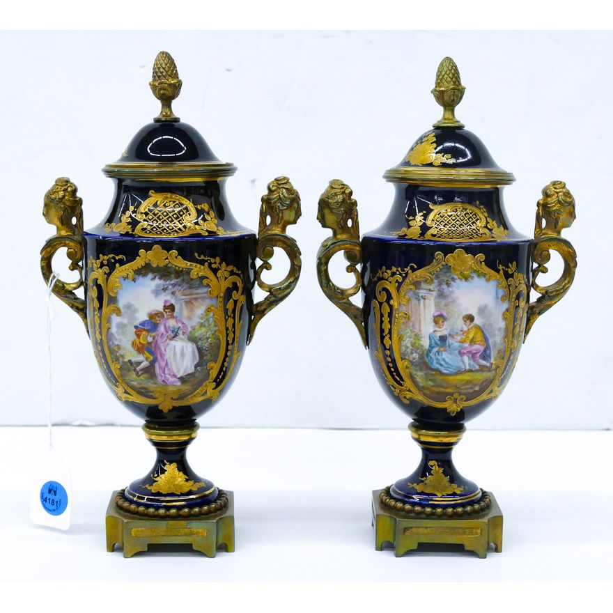 Pair Sevres Gilt Cobalt Ormulu Painted Urns 10''