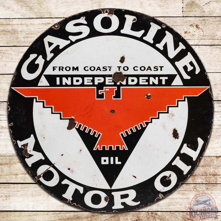 Rare Independent Gasoline Motor Oil 32" DS Porcelain Sign w/ Thunderbird Logo