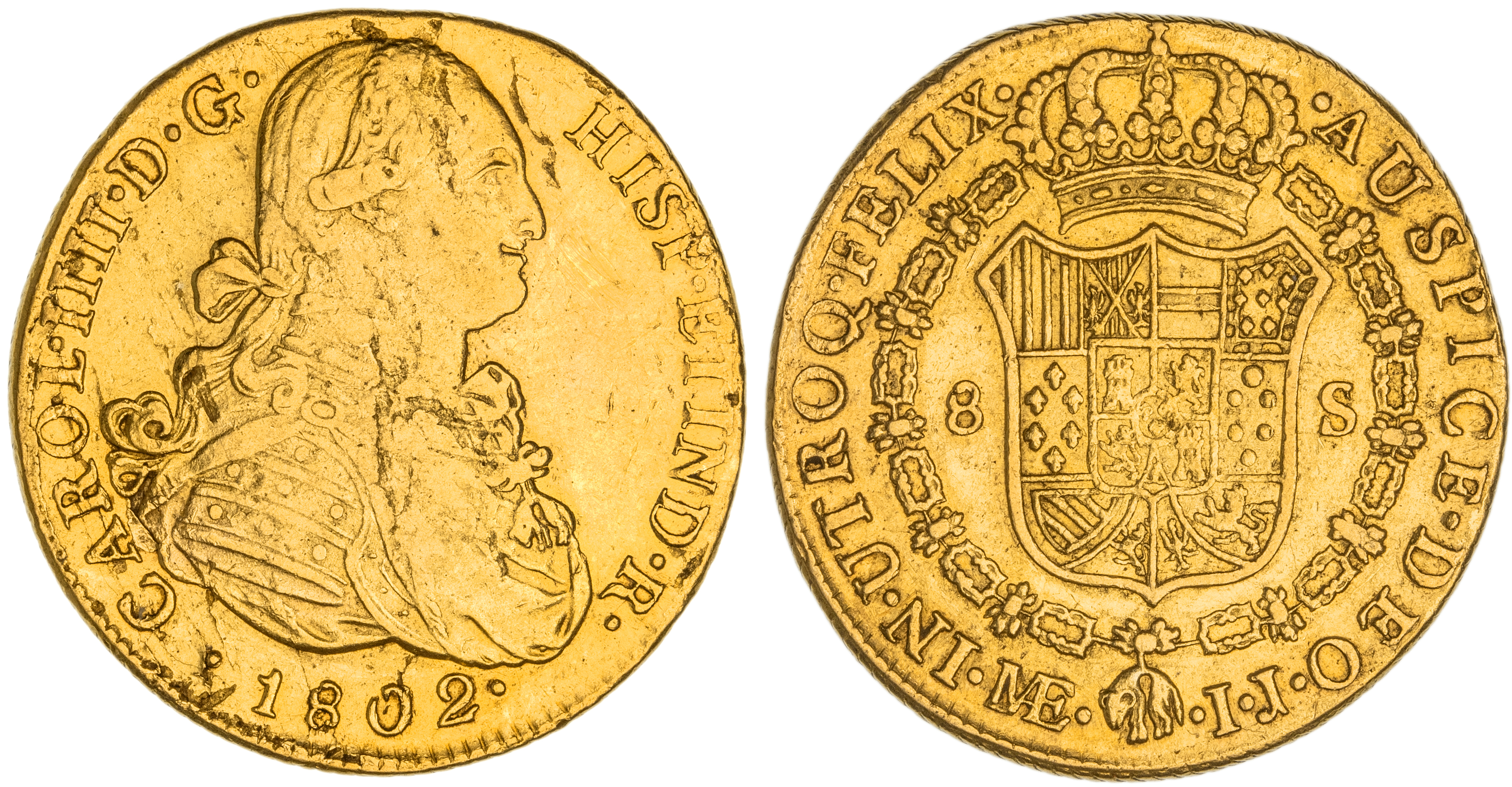 Peru, Charles IV, Eight Escudos, 1802-IJ, VF - gVF