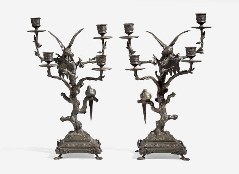 A Pair of Patinated Bronze Animalier Four-Light Candelabra