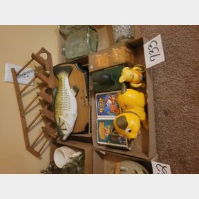 2 Boxes of talking fish, wood bear box and other items