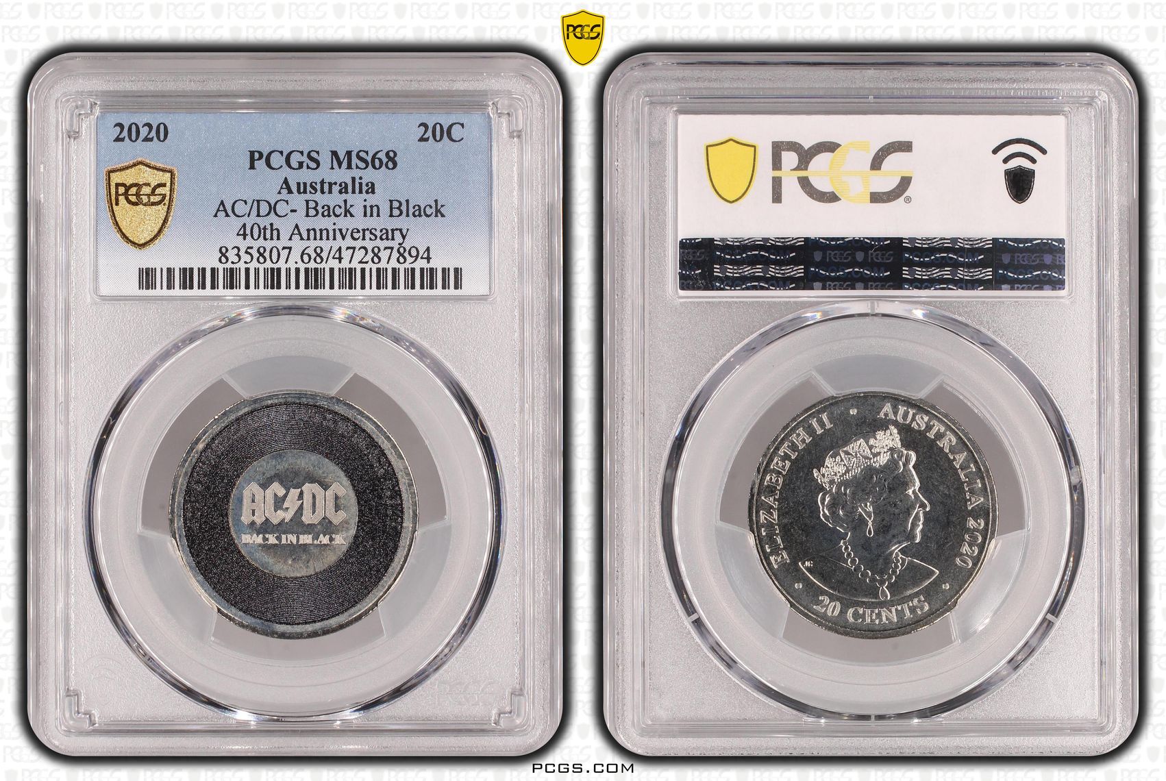 Elizabeth II, AC/DC- Back in Black 40th Anniversary, Twenty Cent, 2020, PCGS MS68