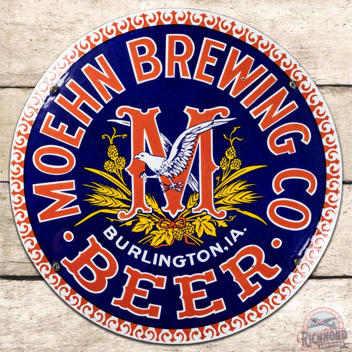 Moehn Brewing Co Beer Convex SS Porcelain Sign w/ Bracket Burlington Iowa