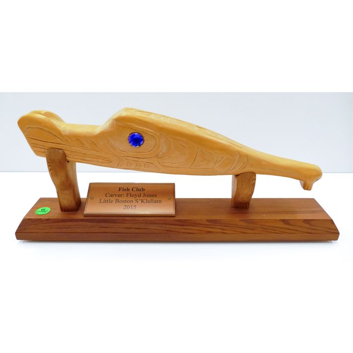 Floyd James (S'klallam) ''Fish Club'' 2015 Carved Cedar on Stand 15'' and 17''
