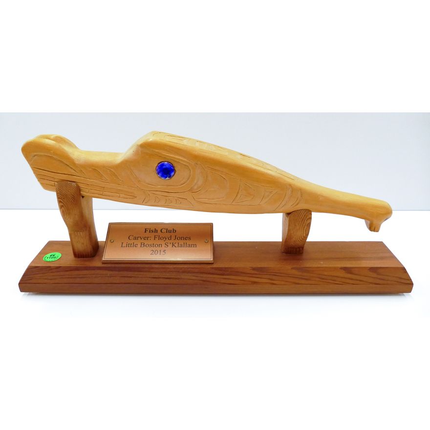 Floyd James (S'klallam) ''Fish Club'' 2015 Carved Cedar on Stand 15'' and 17''