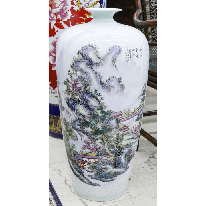 Chinese Carved Celadon Porcelain Landscape Floor Vase 27''