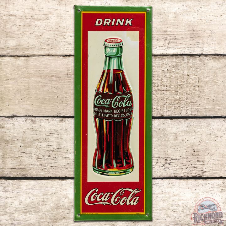 1931 Drink Coca Cola Embossed SS Tin Sign w/ Christmas Bottle