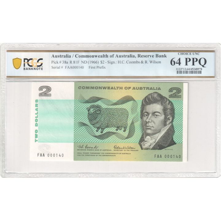 1966 Australia $2 Banknote Coombs/Wilson Choice Unc 64 PPQ First Prefix - R.81F