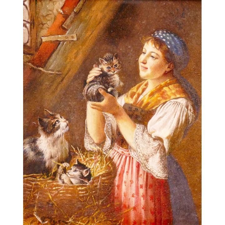 European Woman with Cats Oil Painting in Ornate Frame- 20x18''