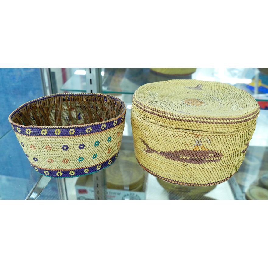 2pc NW Coast Makah Decorated Indian Baskets 6'' Approx.