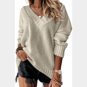EVALESS OVERSIZED SWEATERS FOR WOMEN SEXY DEEP V NECK LONG SLEEVE CABLE KNIT SWEATER LOOSE JUMPER TUNIC PULLOVER TOPS, M