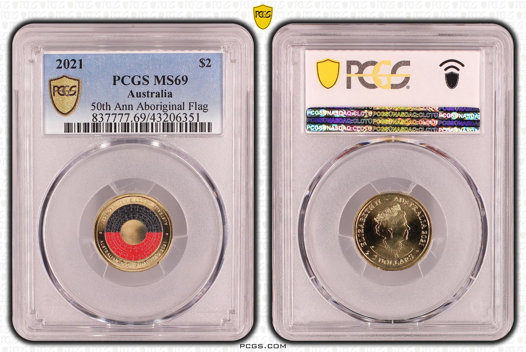 50th Ann Aboriginal Flag Colorized, Two Dollar, 2021, PCGS MS69