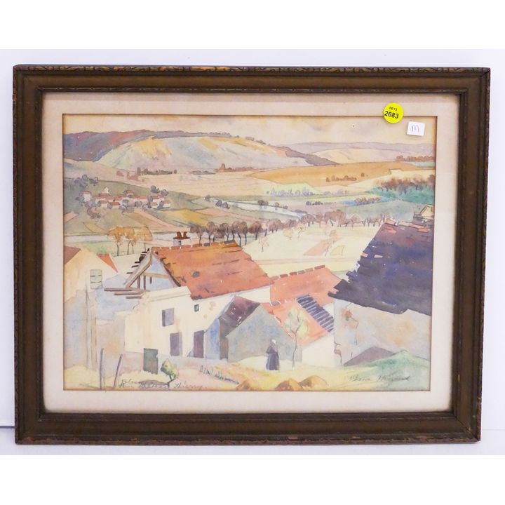 Rhona Haszard Village Scene Watercolor- 14.5x17.5'' framed
