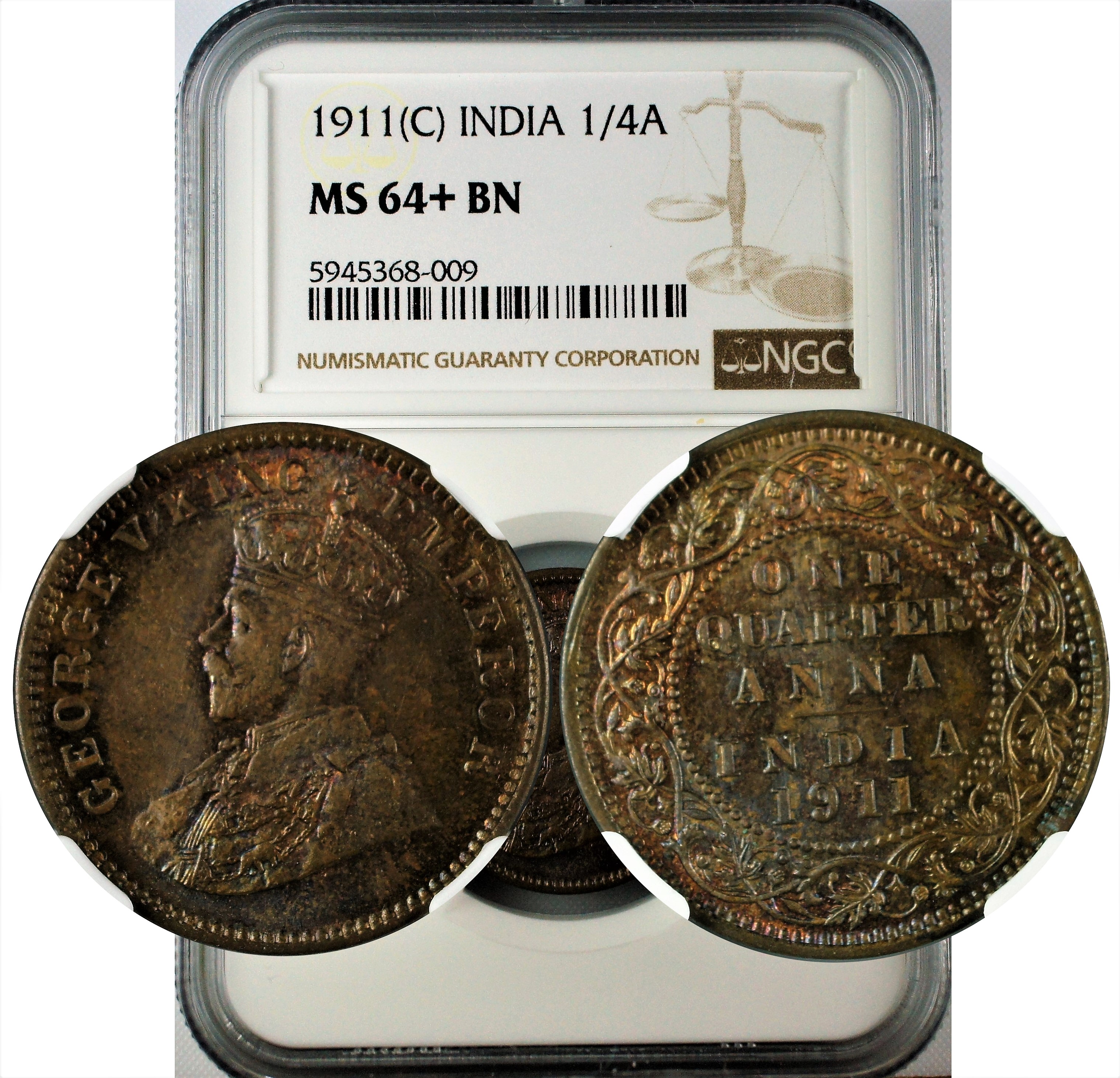 India 1911 C 1/4 Anna NGC MS64+ BN