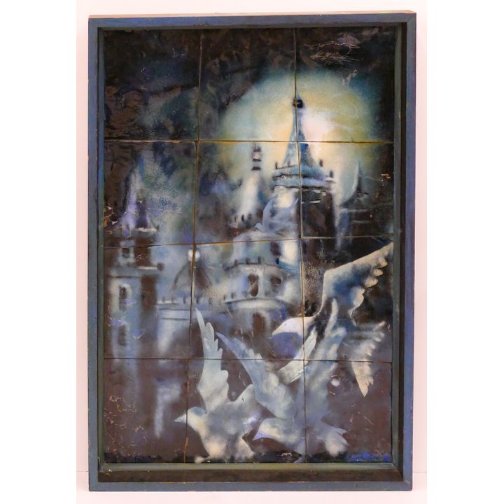 Midcentury Birds with Castle Enamel on Copper Framed- scattered surface wear