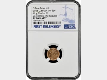SUPER RARE 2023 CHARLES III MATTE PROOF GOLD QUARTER SOVEREIGN PF70 MATTE TOP POP! - FIRST RELEASES (ONLY 25 STRUCK)