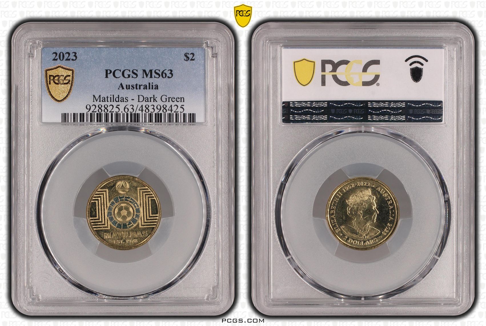 Elizabeth II, Matildas - Dark Green, Two Dollar, 2023, PCGS MS63