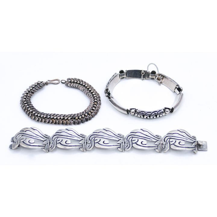 Box 3pc Vintage Mexican Sterling Bracelets - 97 Grams TW
