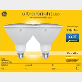 GE ULTRA BRIGHT LED 150 WATT REPLACEMENT, WARM WHITE, PAR38 OUTDOOR FLOODLIGHT BULBS (2 PACK)