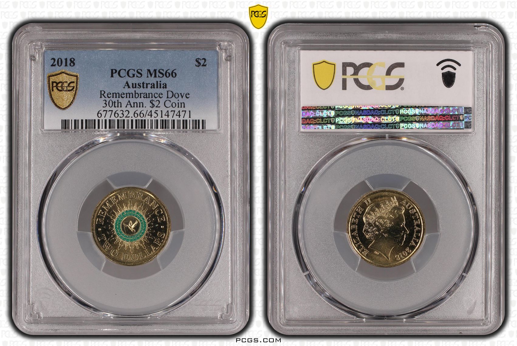 Elizabeth II, Remembrance Dove 30th Ann., Two Dollar, 2018, PCGS MS 66