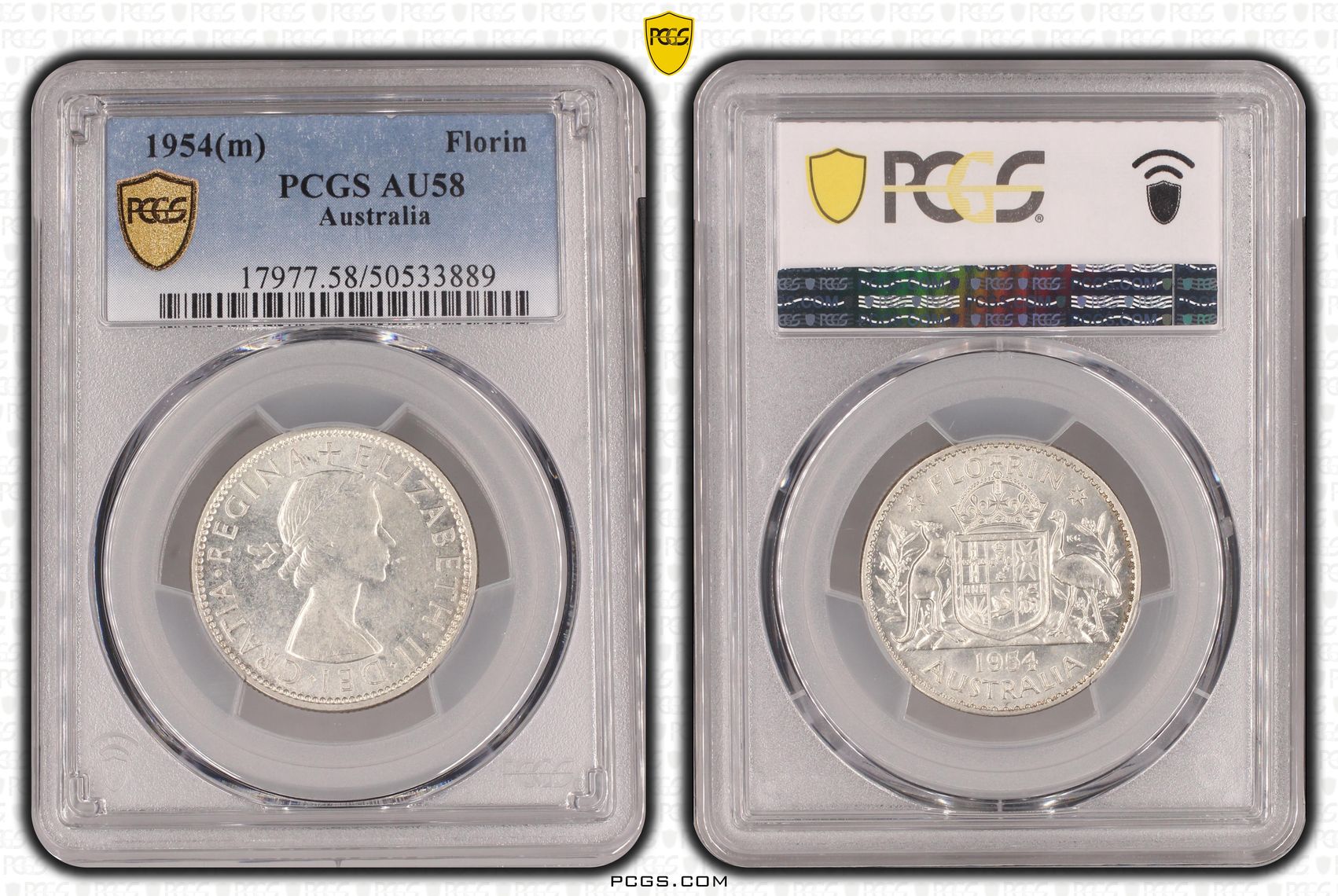 Elizabeth II, Florin, 1954(m), PCGS AU58