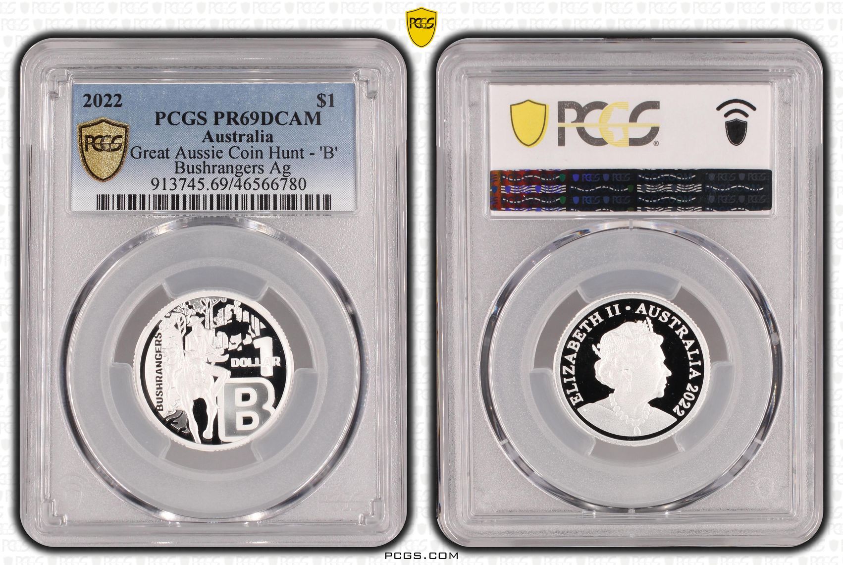 Great Aussie Coin Hunt - 'B' Bushrangers Silver, One Dollar, 2022, PCGS PR69DCAM