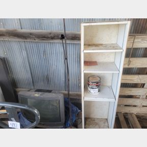 Plastic roof cement, shelving unit, light and TV