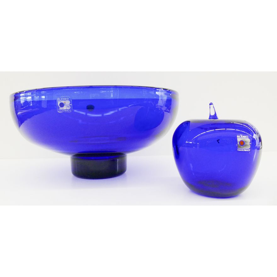 2pc Blenko Cobalt Glass Bowl & Apple- 4'' and 11''