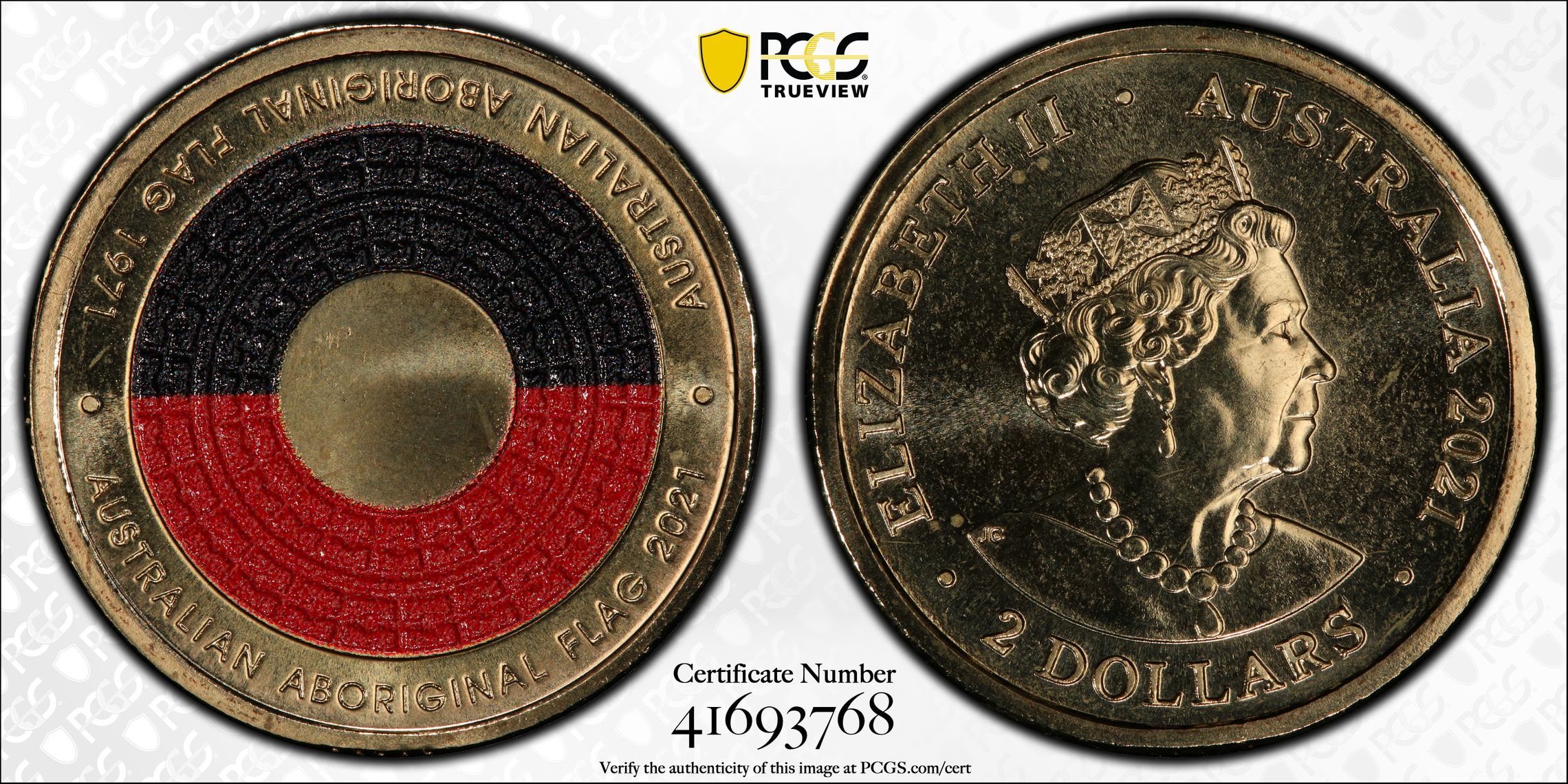 50th Ann Aboriginal Flag Colourised, Two Dollar, 2021, PCGS MS67