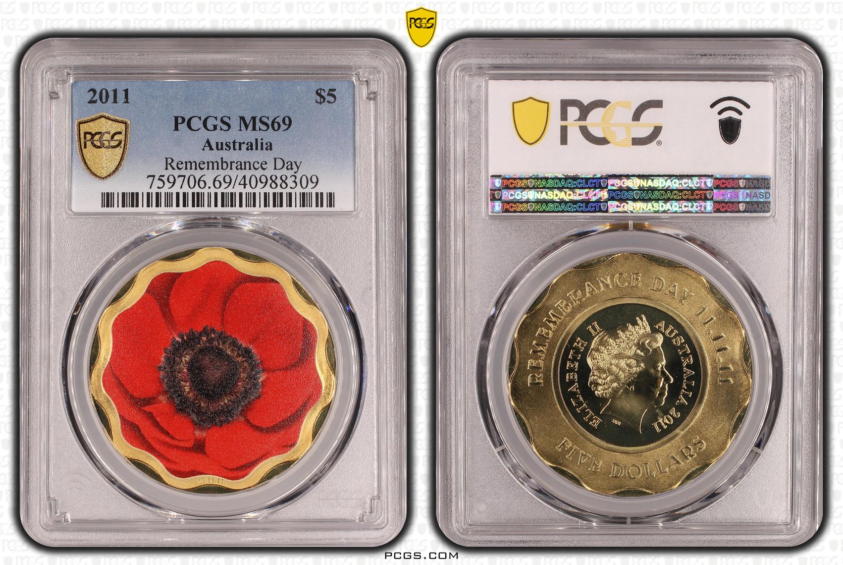 Remembrance Day - Colorized, Five Dollar, 2011, PCGS MS69