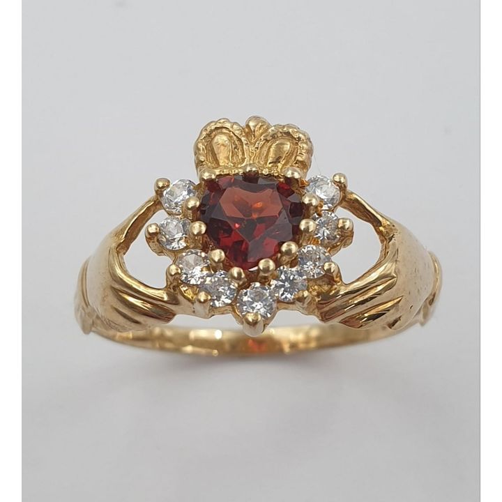 9ct Y/G Garnet & CZ Claddagh Ring