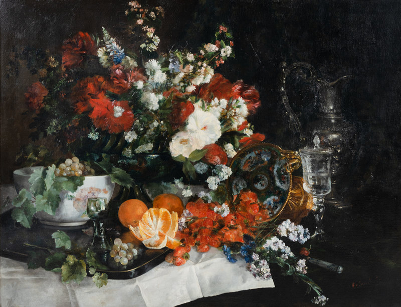Eugène Henri Cauchois
(French, 1850–1911)
Still Life with Assorted Flowers, Fruit, and Objects d'arts on a Table