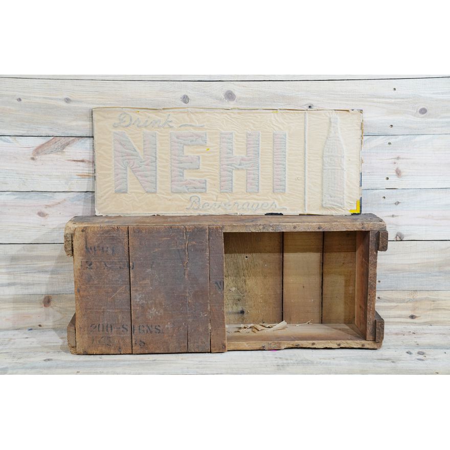 New Old Stock Drink Nehi Beverages Single Sided Tin Embossed Metal Sign & Original Crate TAC 9+
