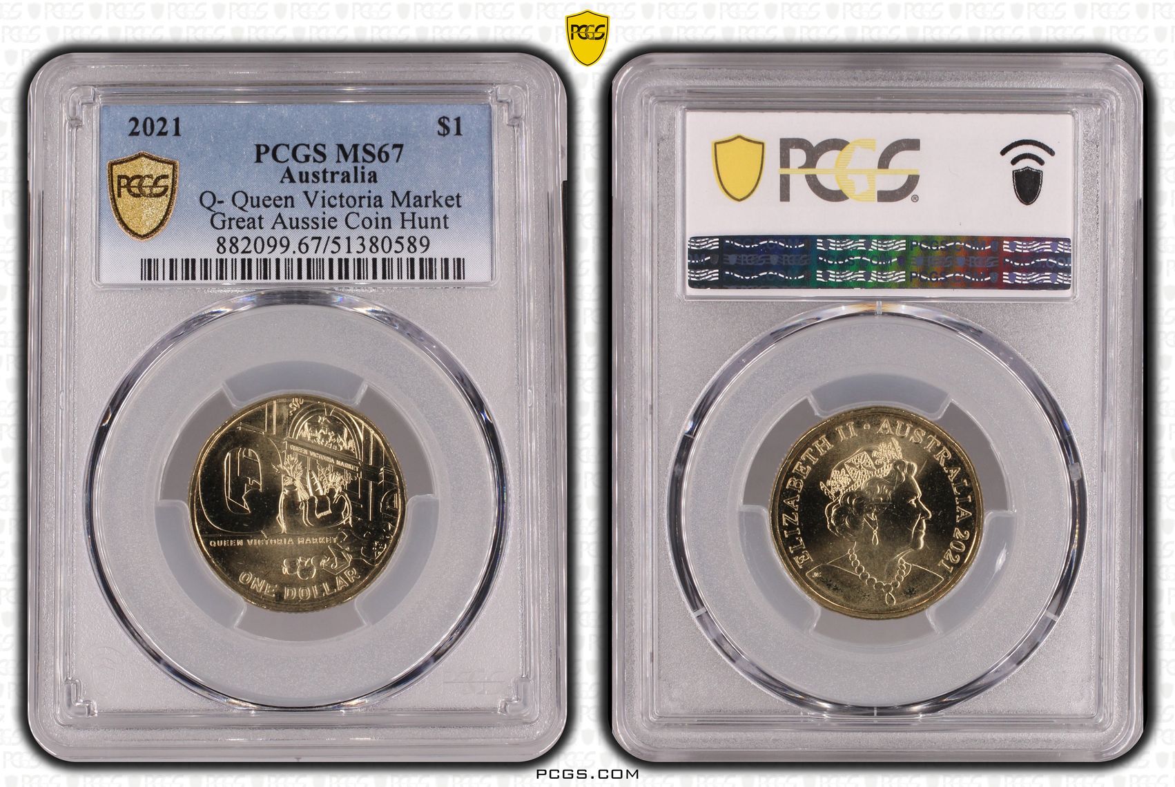Q- Queen Victoria Market Great Aussie Coin Hunt, One Dollar, 2021, PCGS MS67