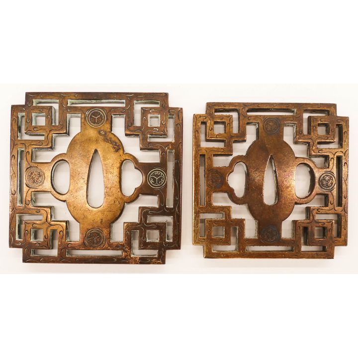 Pair Japanese Square Bronze Tsubas with Mon