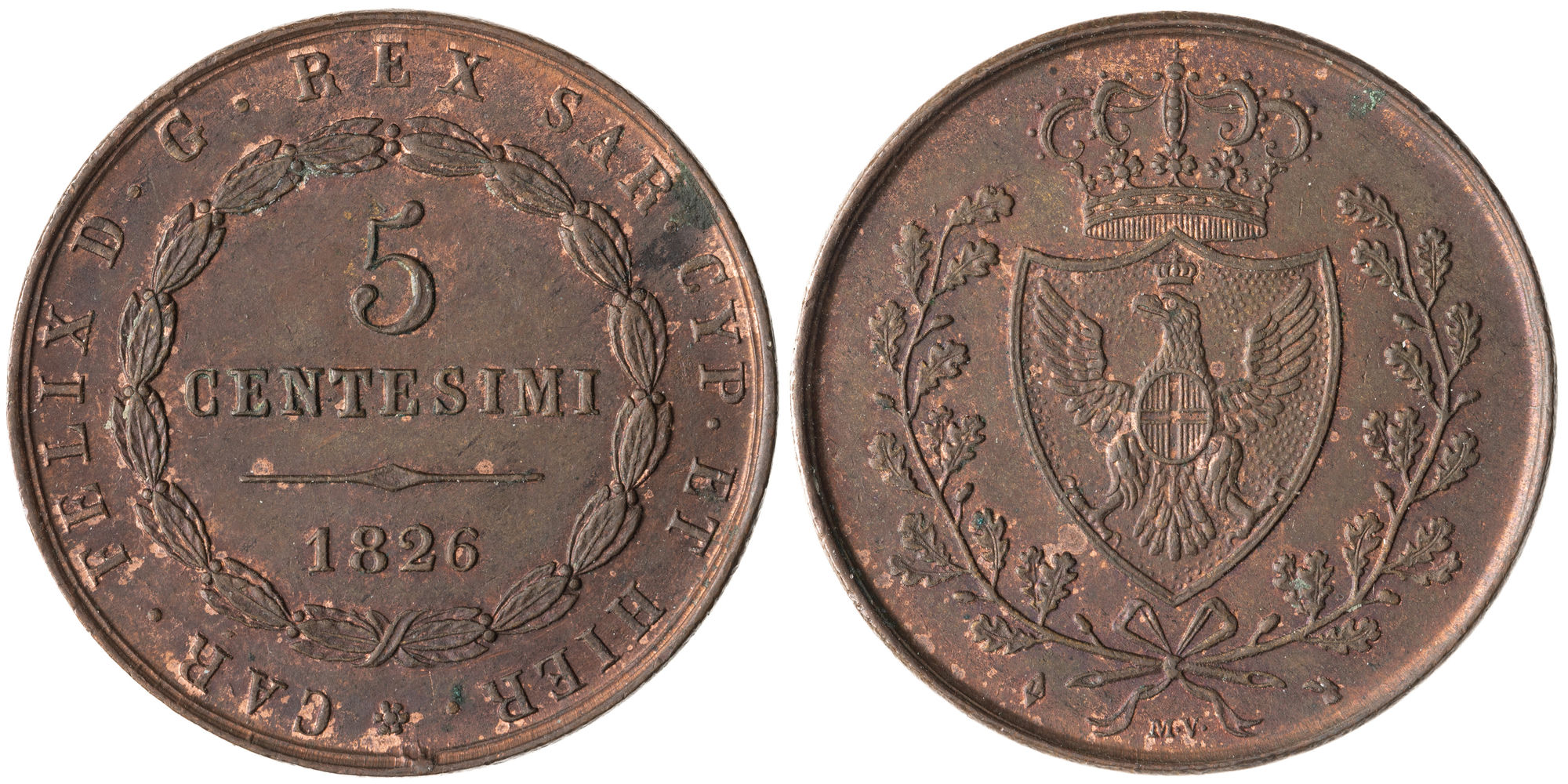 Italian States, Charles Felix, Kingdom of Piedmont-Sardinia, Five Centesimi, 1826, aUNC