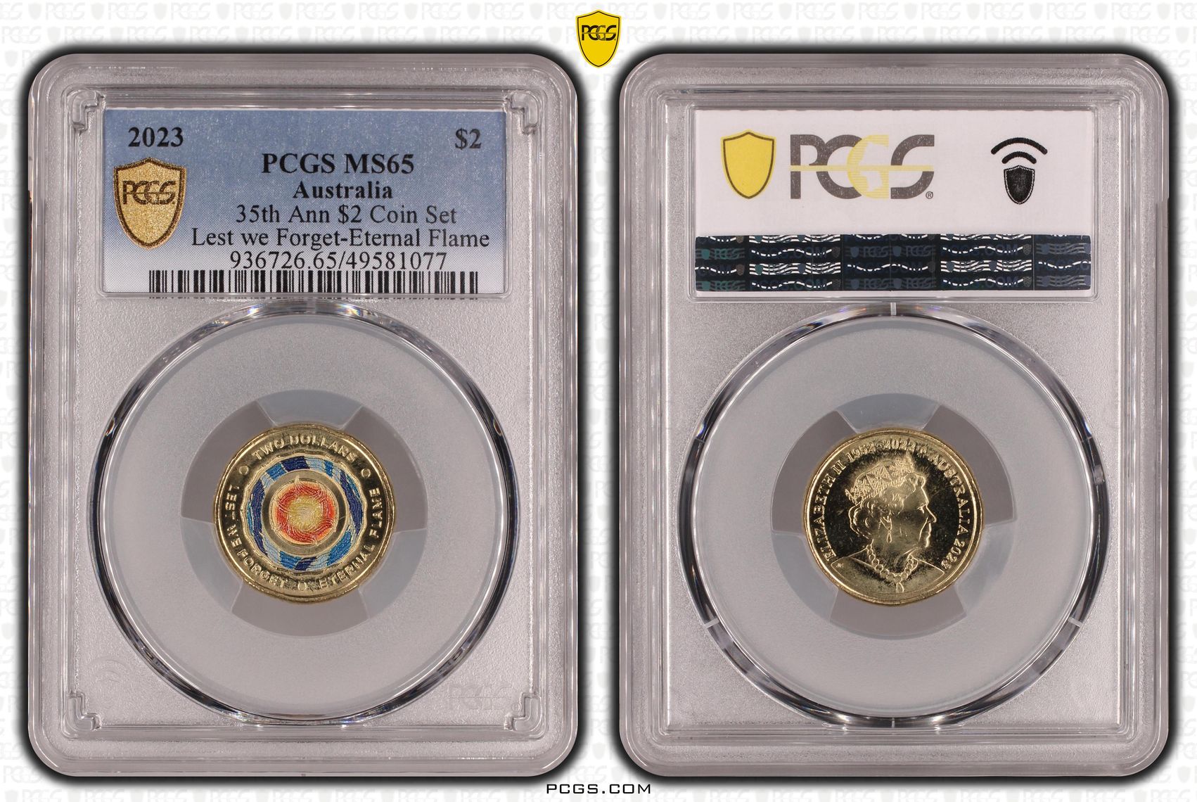 Elizabeth II, 35th Ann $2 Coin Set Colorized Lest we Forget-Eternal Flame , Two Dollar, 2023, PCGS MS65