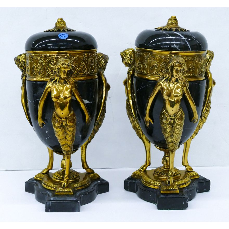Pair Gilt Black Marble & Brass Urns 14.75''